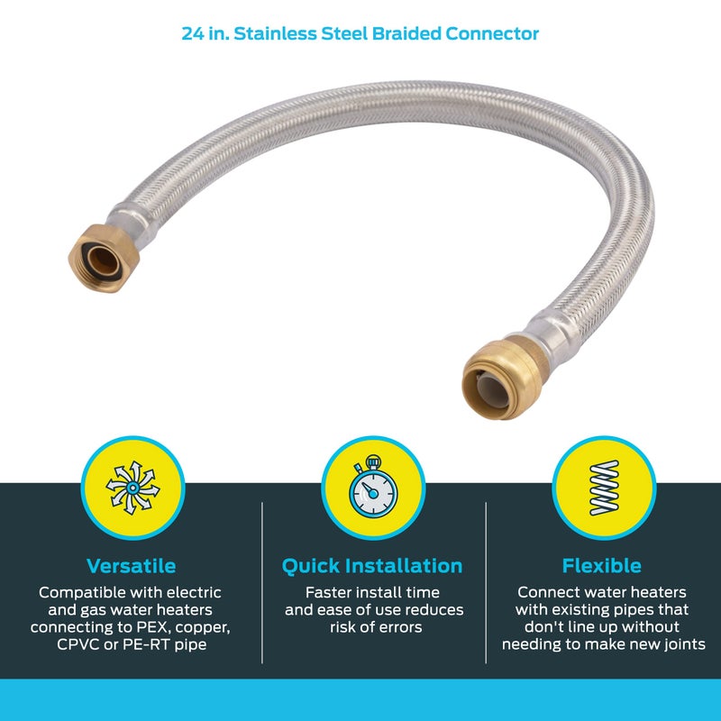 SharkBite 3/4 Inch x 3/4 Inch FIP x 24 Inch Stainless Steel Braided Flexible Water Heater Connector, Push To Connect Brass Plumbing Fitting, PEX Pipe, Copper, CPVC, PE-RT, HDPE, U3088FLEX24LF - Image 3